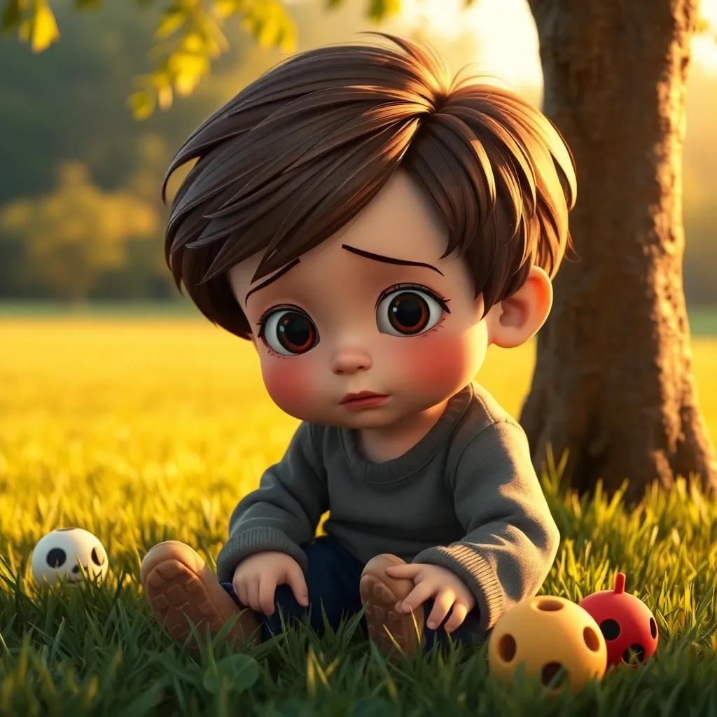A little boy with brown hair and sad eyes sitting on the grass near a tree, tears on his cheeks, looking down, a few toys scattered around, warm light, inviting scene, child-friendly, emotional focus, high-quality