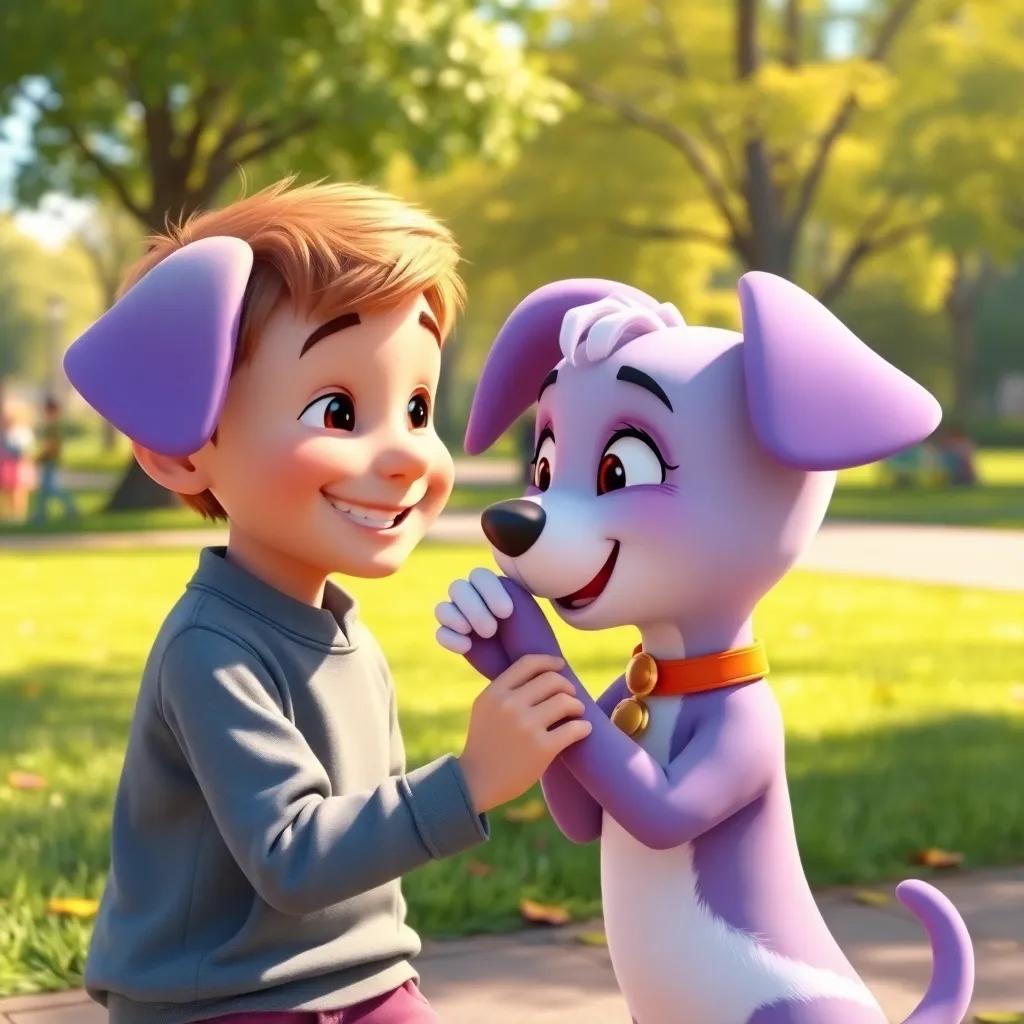 Lila the puppy gently licking the boy's hand, trying to comfort him, with a friendly smile, the boy starting to smile back, bright sunny day in the park, heartwarming scene, cheerful, detailed, high-quality