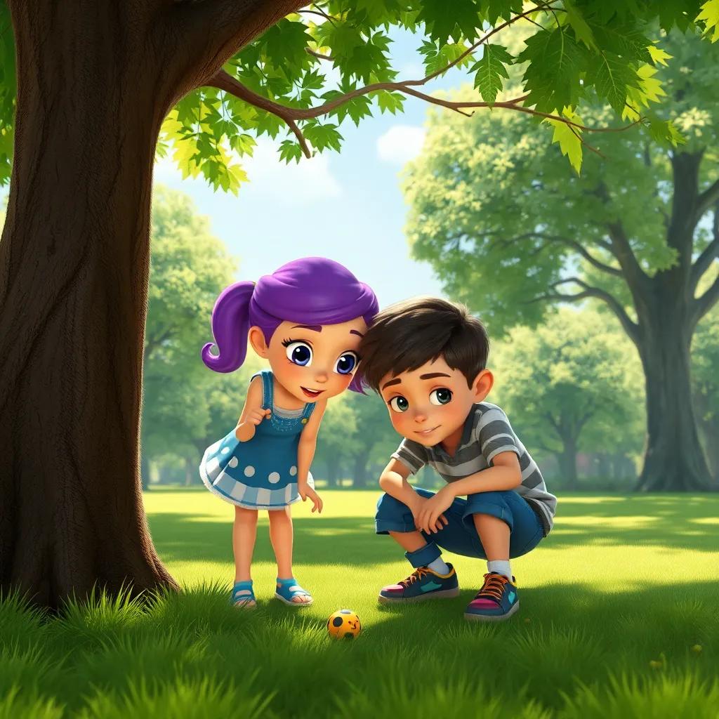Lila and the boy looking under a tree together, the boy crouched down, both searching for the lost toy with determination on their faces, sunny park setting, engaging and adventurous atmosphere, high-quality