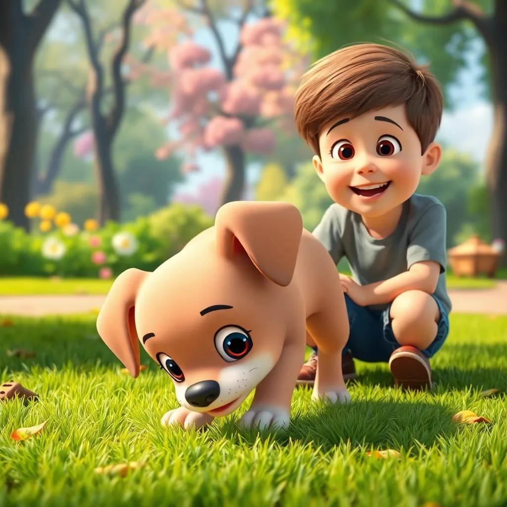 Lila the puppy sniffing around the park, her nose close to the ground, while the boy eagerly watches, excitement on his face, vibrant park background, lively and fun, high-quality
