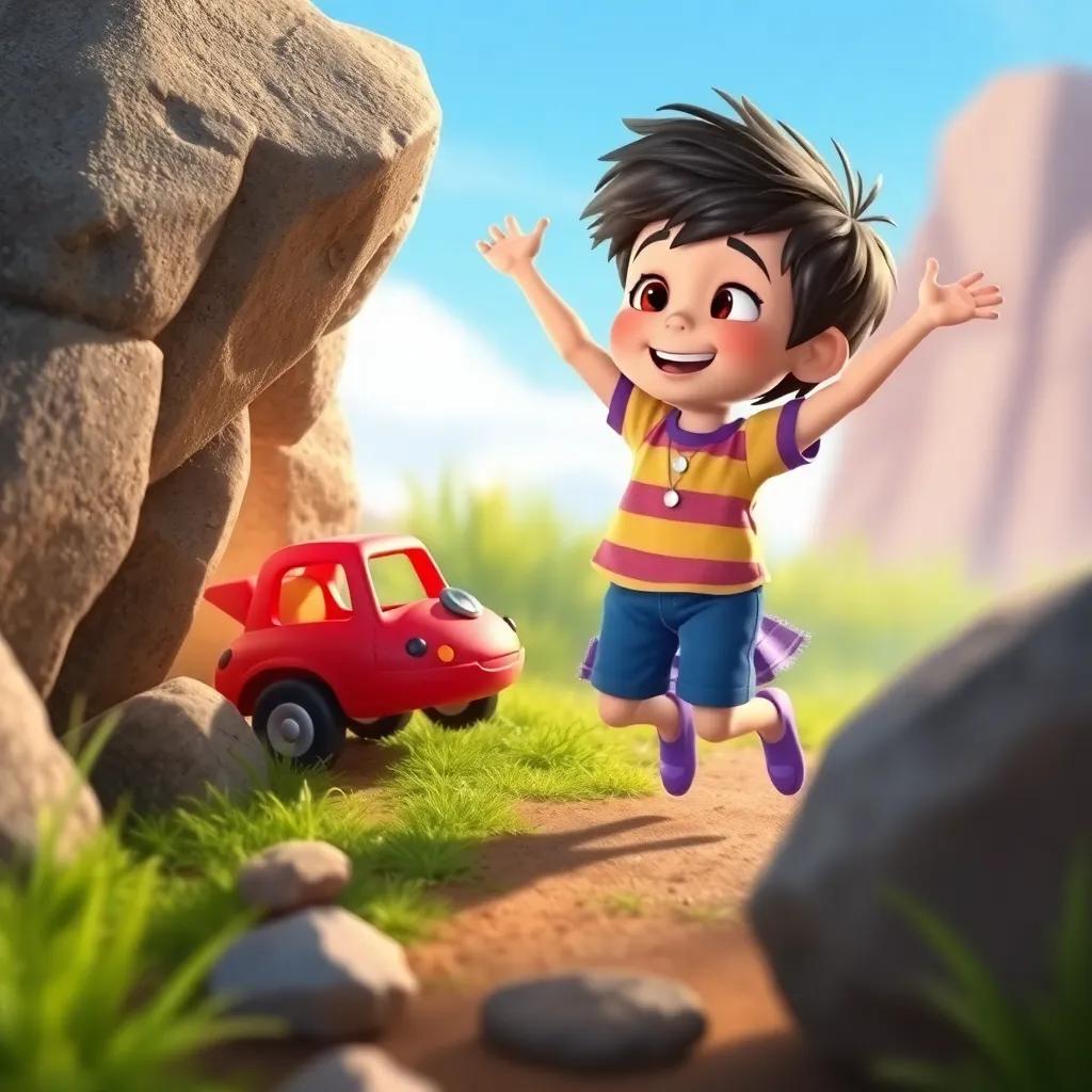 Lila suddenly finding the little red toy car hidden behind a rock, the boy jumping up with joy, bright colors in the scene, child-friendly, fantasy, high-quality