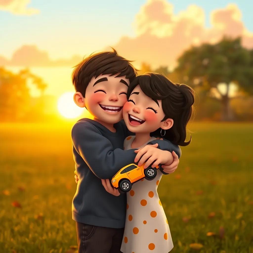 A joyful moment with the boy hugging Lila tightly with his toy car in hand, both laughing together in the park, surrounded by the setting sun, heartwarming vibe, high-quality