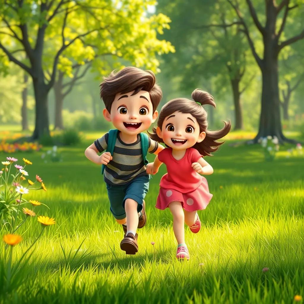 The boy and Lila running and playing together in the park with bright green grass and colorful flowers, their friendship shining through, fun and exciting atmosphere, lively colors, high-quality