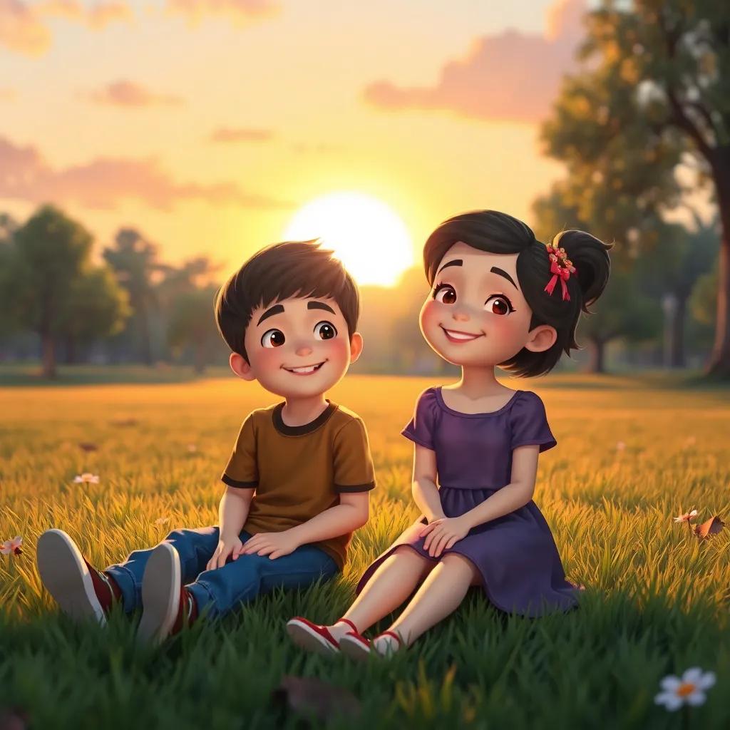 The boy and Lila sitting on the grass as the sun sets, both looking happy and content, a beautiful park backdrop, warm and inviting atmosphere, high-quality