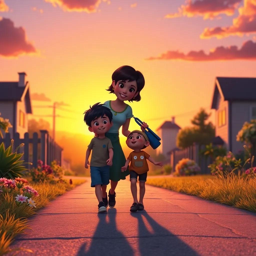 A final scene showing Lila and the boy walking home together, the sun setting behind them, symbolizing their strong friendship and joy, heartwarming scene, rich colors, vibrant, high-quality