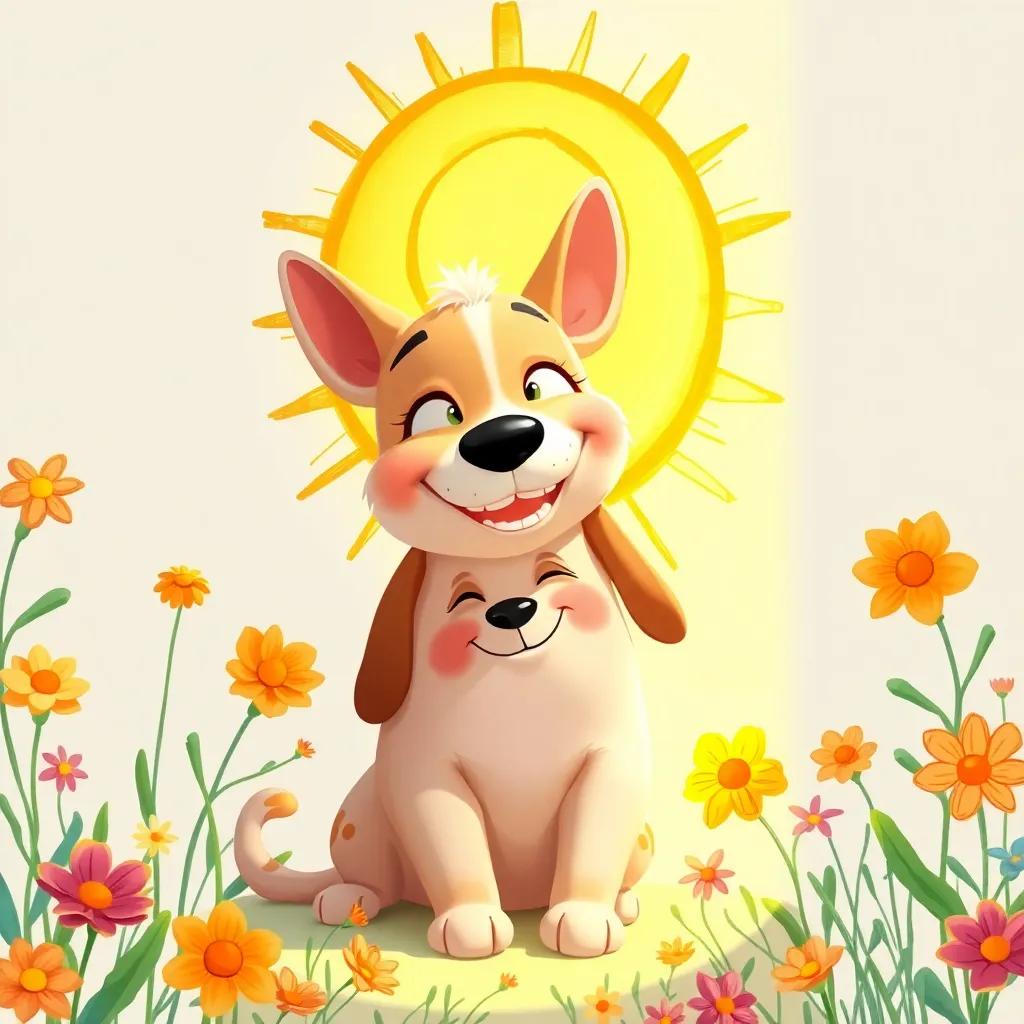 Lila's mother, a smiling gentle dog, drawing a big yellow sun with a circle and smile, surrounded by colorful sketches of flowers, warm light, relaxed atmosphere, high quality