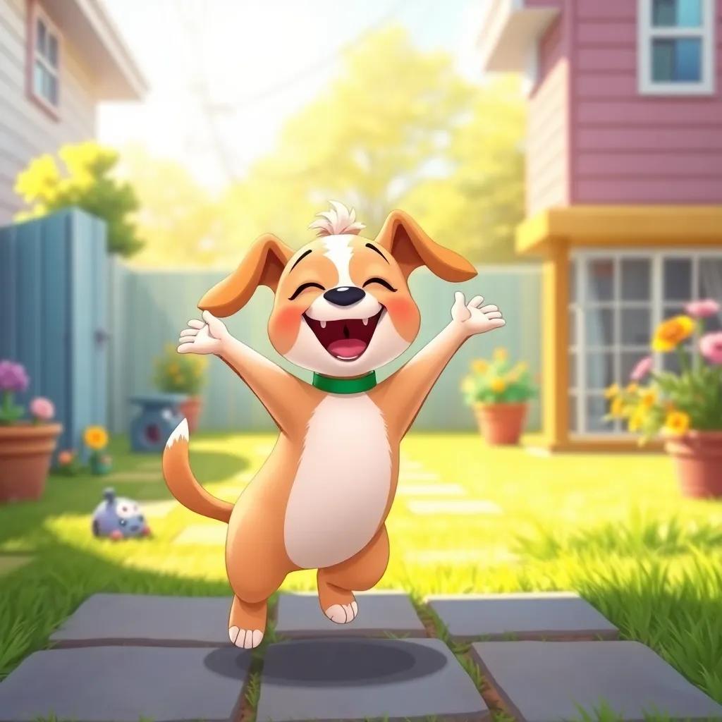 Excited puppy Lila, jumping with joy, asking her mother to draw their friends, with a playful tone, colorful scene in the backyard, bright cheerful colors, engaging perspective, child-friendly