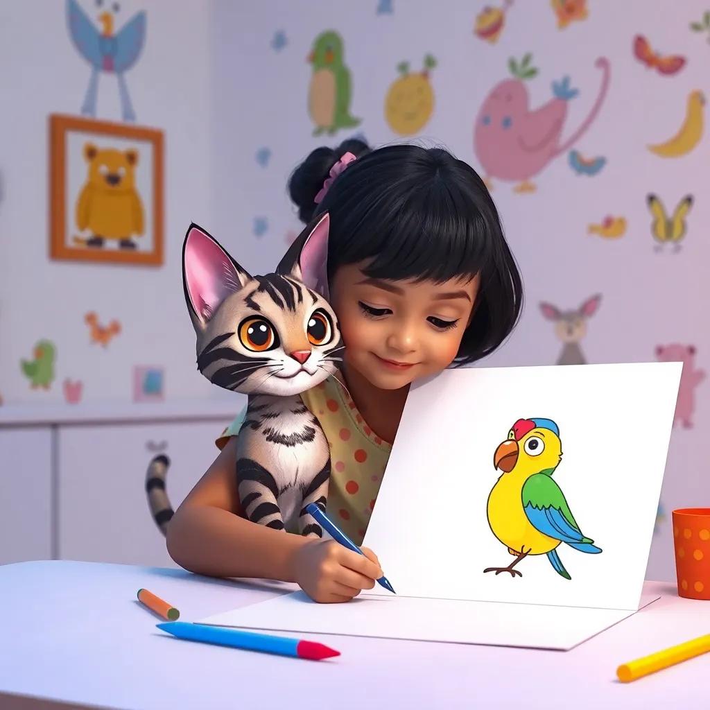 Lila creating a drawing of Miau, a striped cat with shiny eyes, and Piu, a colorful little bird, with illustrations on the wall, lively atmosphere, colorful, child-safe