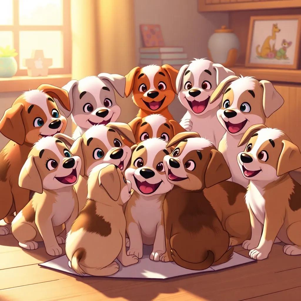 A group of happy puppies gathering around Lila's drawings, giggling at Miau's funny drawing style, warm light, cheerful mood, inviting scene, detailed and friendly