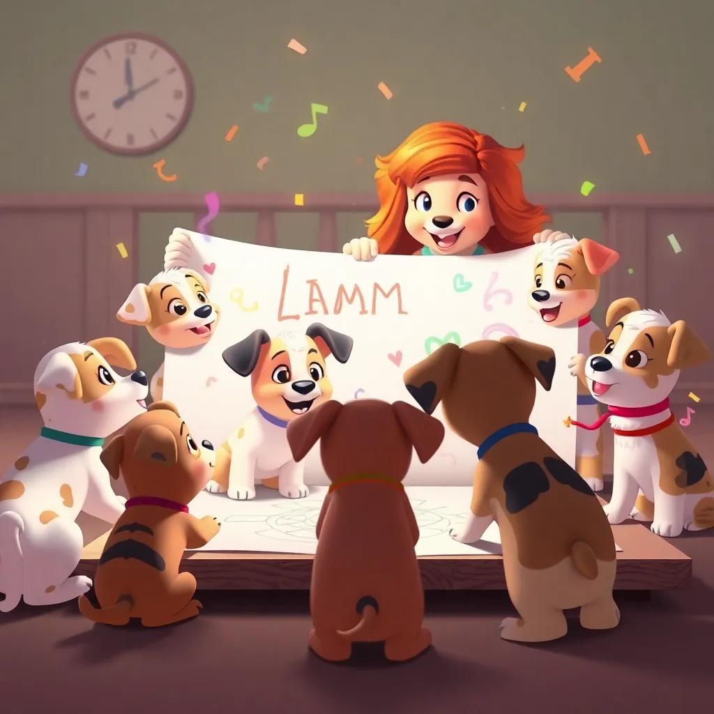 Lila's mom suggesting team drawing activity, all the puppies gathered around a big paper, colorful enthusiasm in the air, lively and captivating scene, high quality