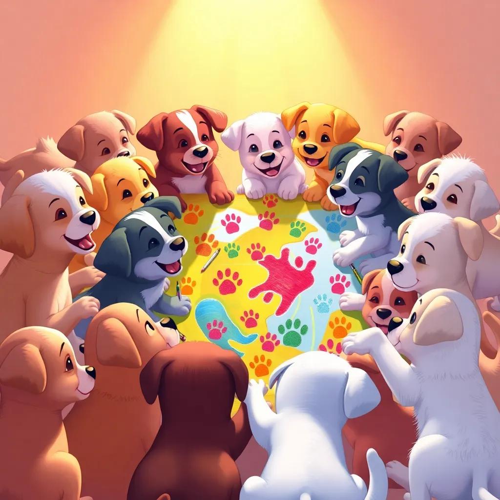 All puppies drawing together, creating a big colorful piece of art, some adding paw prints, others drawing funny faces, surrounded by laughter, a celebration of friendship, warm light, vibrant colors