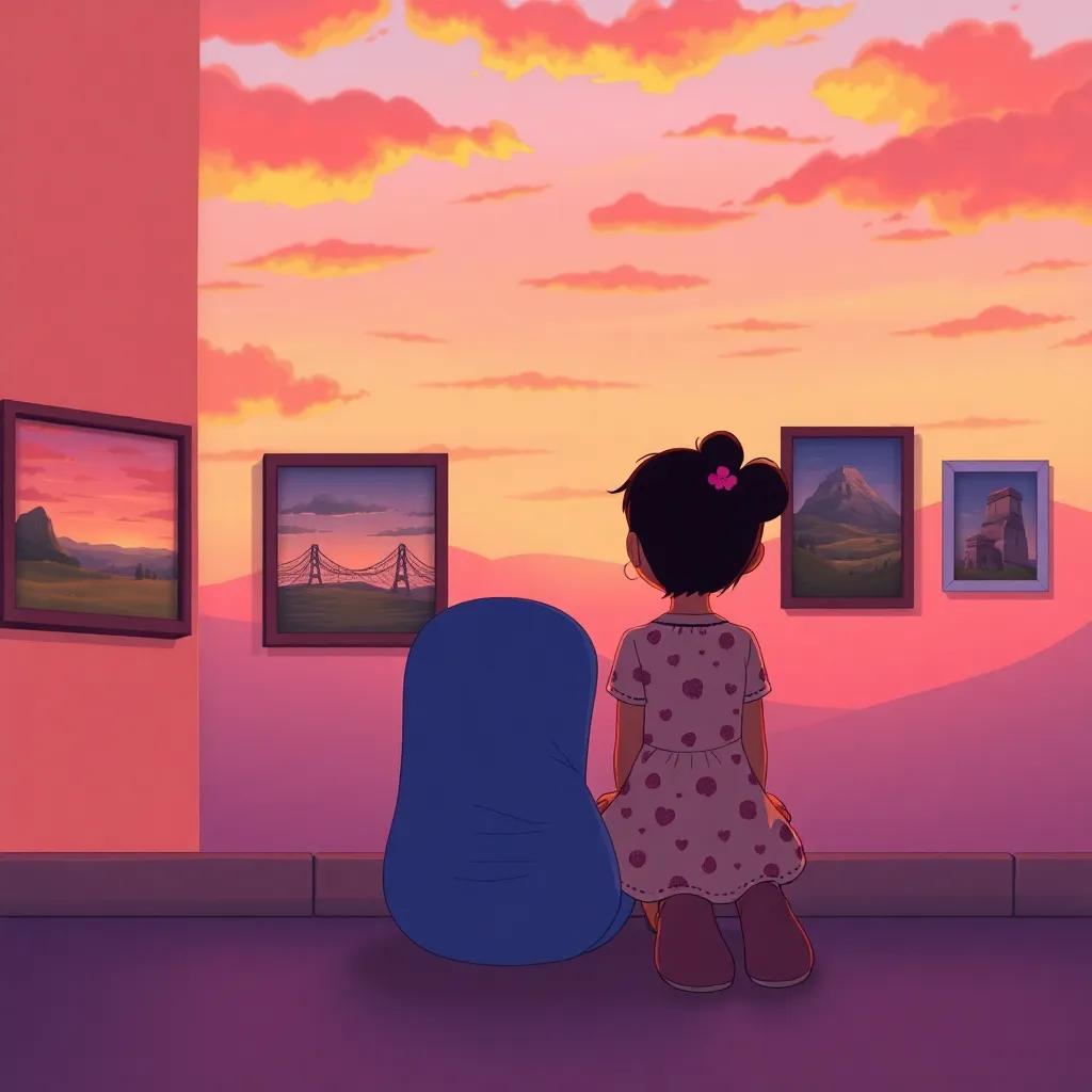 Lila and her mom sitting together at sunset, admiring their art on the wall, with orange and pink sky behind, heartwarming scene, perfect ending, high quality