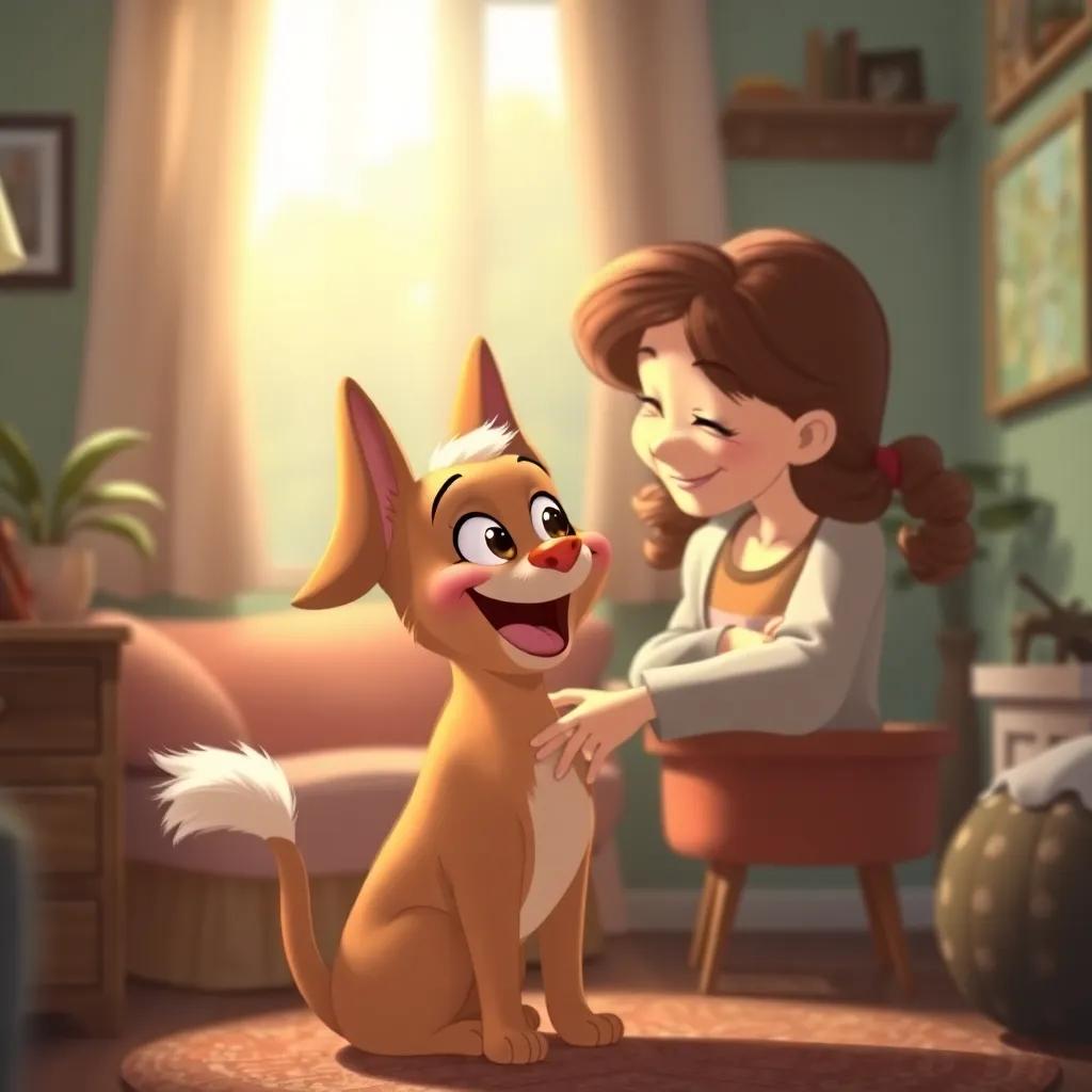 Lila wagging her tail happily, looking at her mother's loving smile, feeling proud of their drawings, cozy and joyful atmosphere, soft colors, engaging perspective