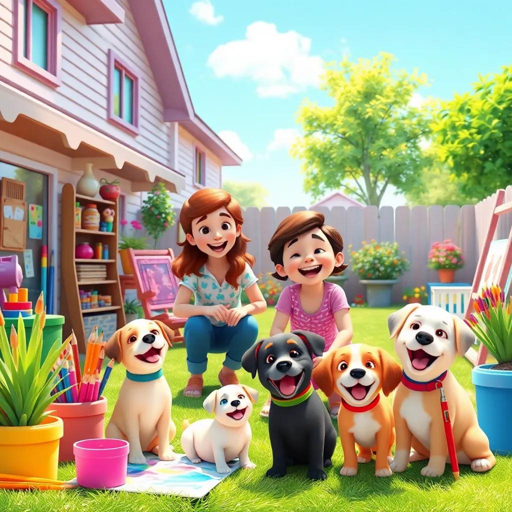 A colorful backyard filled with art supplies and the laughter of happy puppies, with Lila and her mom enjoying the day, cheerful and inviting scene, child-friendly