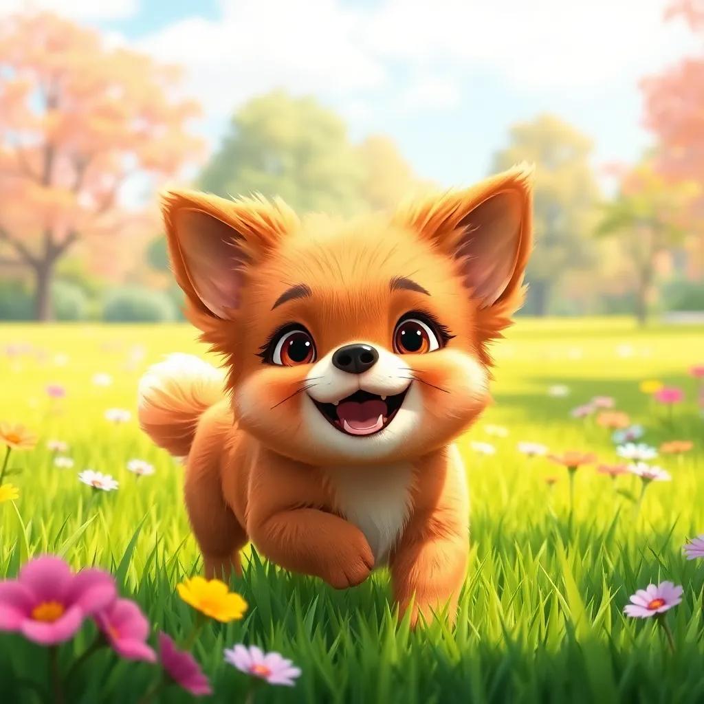 A happy dog named Lila, a small fluffy dog with shiny brown fur, playing in a sunny park with bright green grass and colorful flowers, cheerful atmosphere, digital art, vibrant colors, joyful expressions, high quality