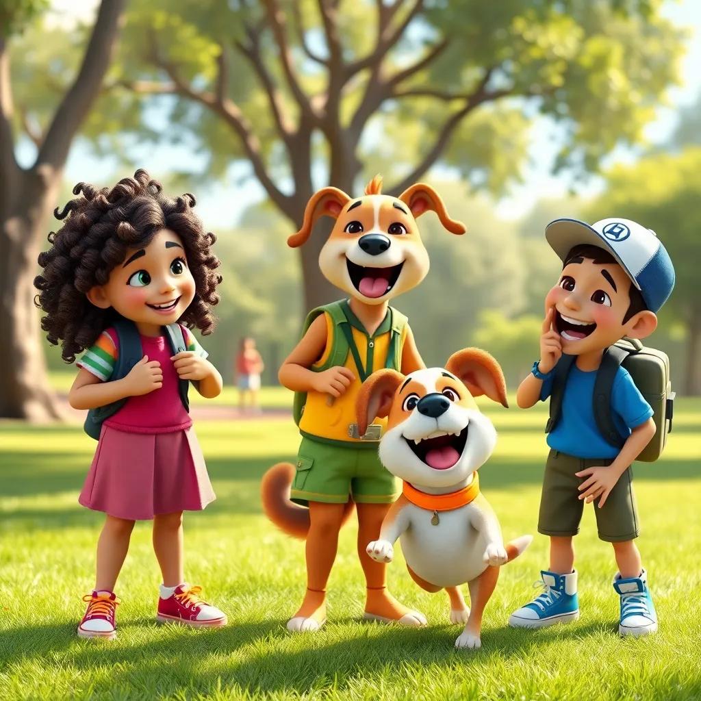 Three dog trainers, Flora with curly hair and colorful clothes, Bela with a big smile in a fun outfit, and João with a cap and sneakers, laughing and playing with Lila in the park, child-friendly, bright and engaging, high quality