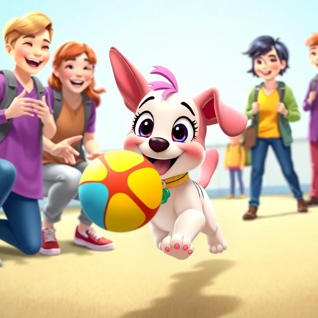 Lila participating in a fun training activity with her trainers, fetching a colorful ball with great excitement, surrounded by laughter and joy, child-friendly, colorful illustration, bright environment, high quality