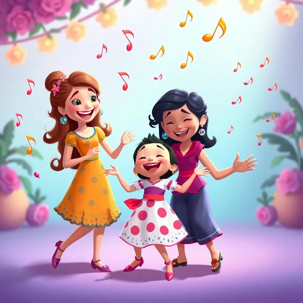 Flora, Bela, and João showing Lila how to dance, with music notes around them, joyful expressions, vibrant colors, lively and energetic atmosphere, digital art, high quality