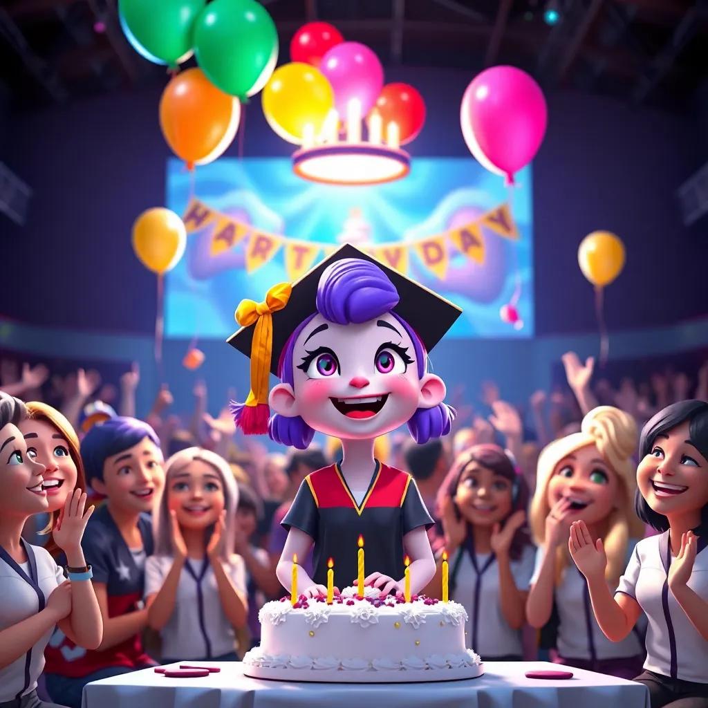 Lila's graduation day celebration at the canil, with friends and trainers, balloons and a cake in the background, everyone cheering, vibrant colors, happy atmosphere, high quality