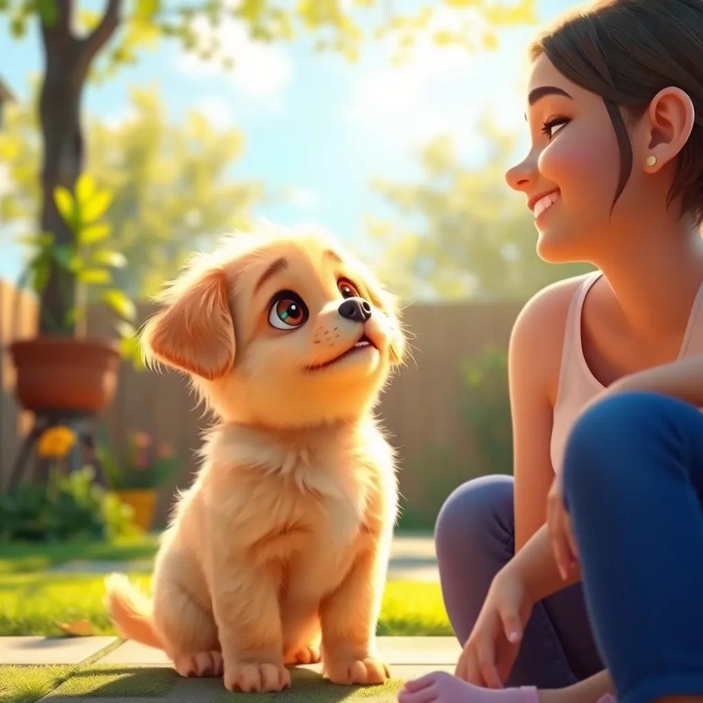 A small golden puppy, Lila, with a fluffy coat and bright eyes, looking up at her warm mother who is smiling, standing in a sunny backyard, cheerful atmosphere, digital art, vivid colors, inviting mood, high quality