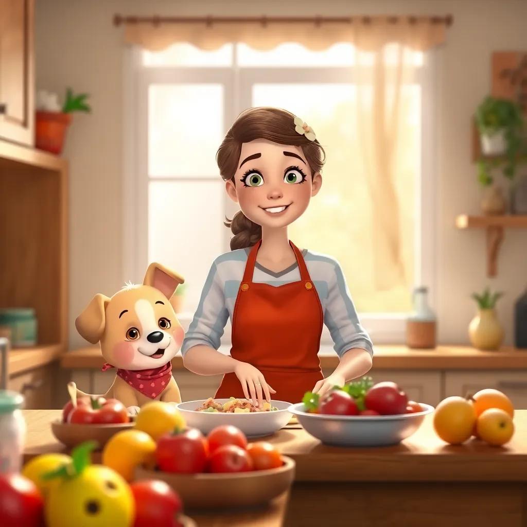 A warm-hearted woman with an apron, preparing food in a cozy kitchen, with Lila the puppy beside her wearing a red apron, fresh fruits on the counter, bright sunlight coming through the window, vibrant colors, detailed scene, high quality