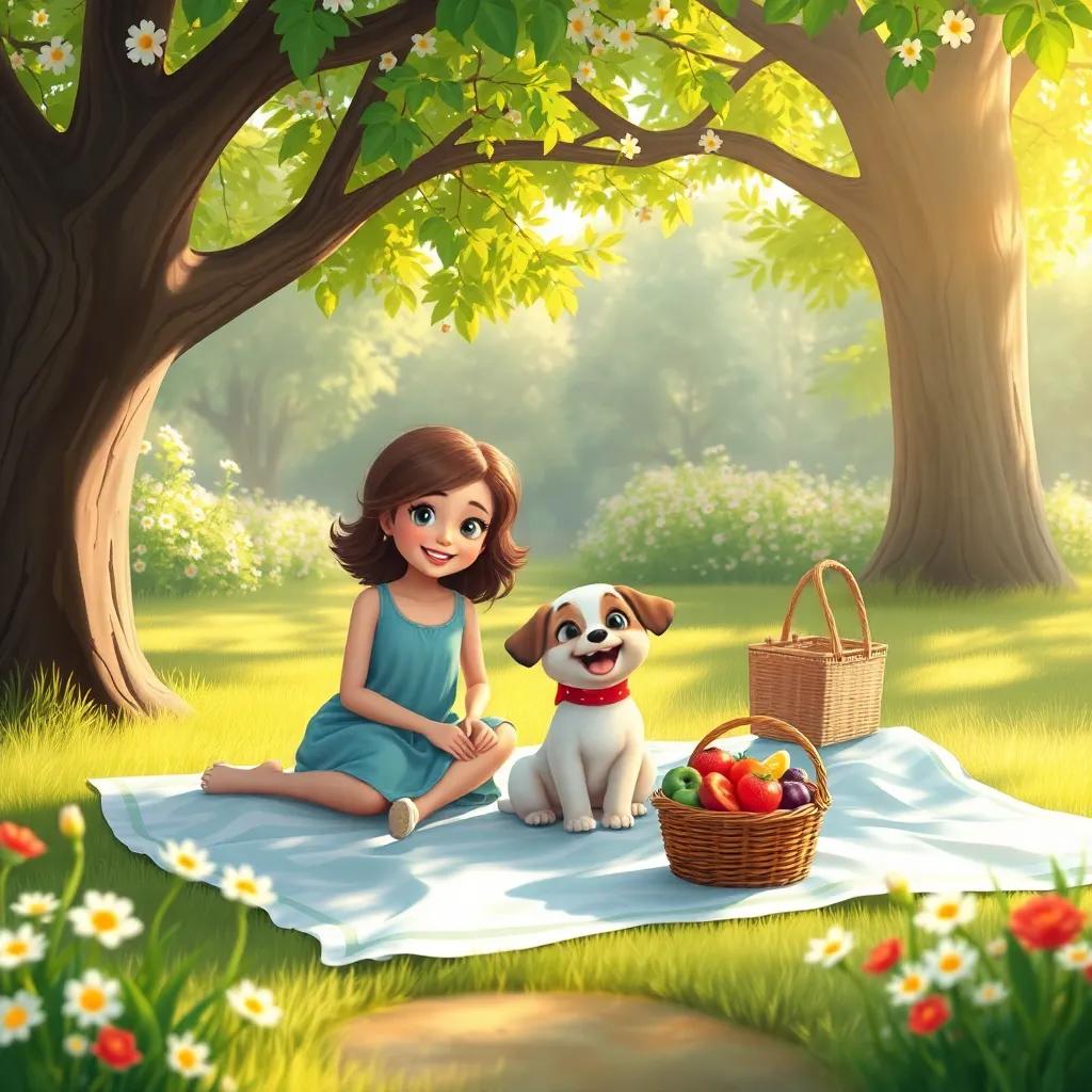 A joyful day at the park with Lila the puppy, her mother spreading out a picnic blanket under a big tree, a basket filled with fruit salad, flowers blooming around, bright soft lighting, fun atmosphere, digital painting, vibrant colors, high quality