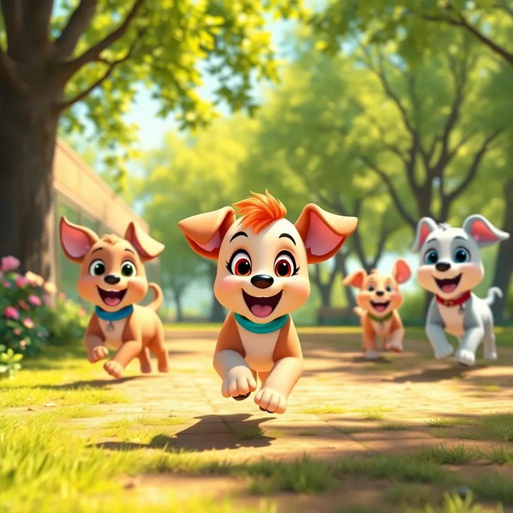 Lila the puppy running and playing with her friends in a sunny park, with laughter filling the air, the trees and flowers in the background, vivid colors, joyful scene, detail-rich digital art, high quality