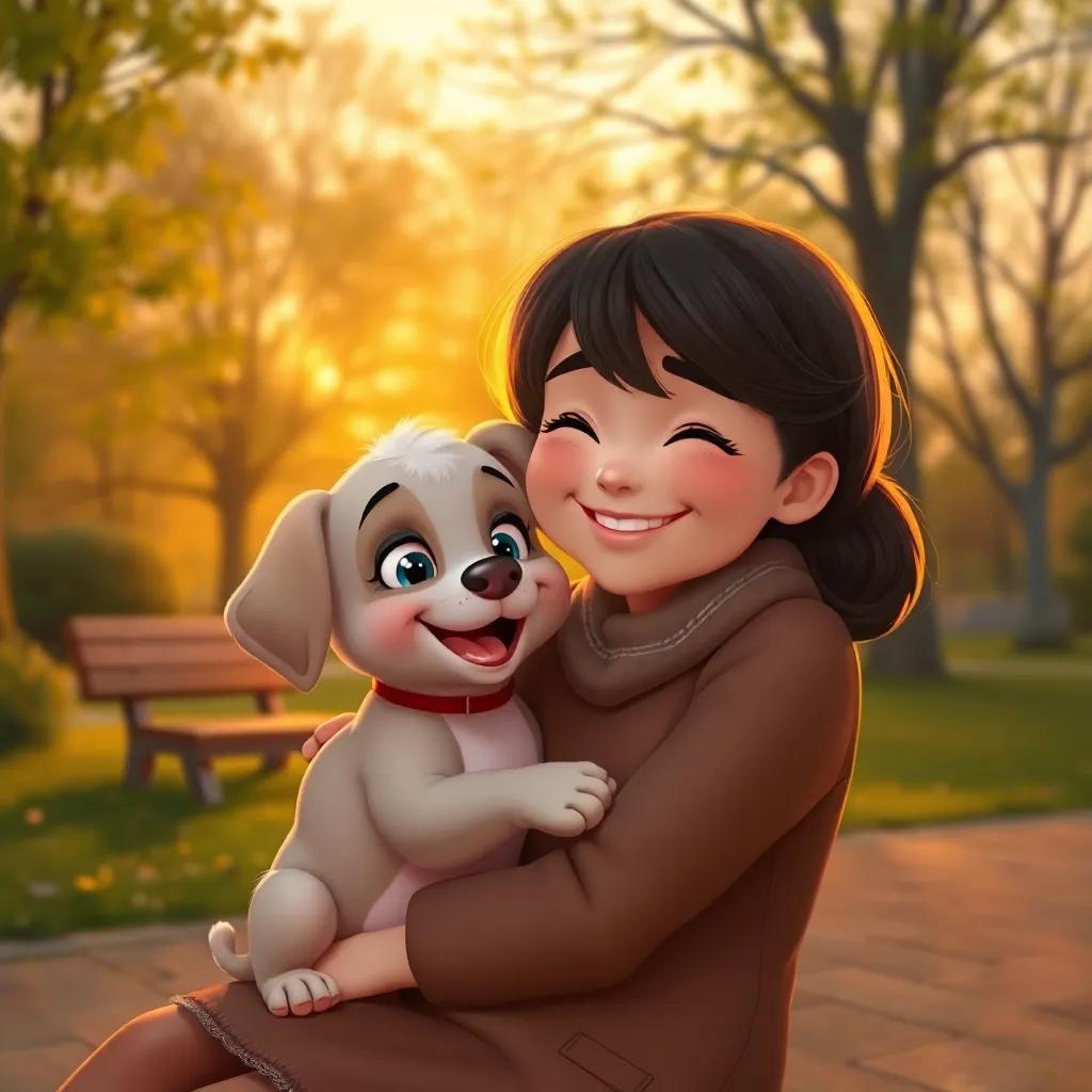 A warm and cozy park scene with Lila the puppy cuddling against her mother, both smiling after a fun day, the sun setting in the background, warm tones, heartwarming atmosphere, digital painting, high quality