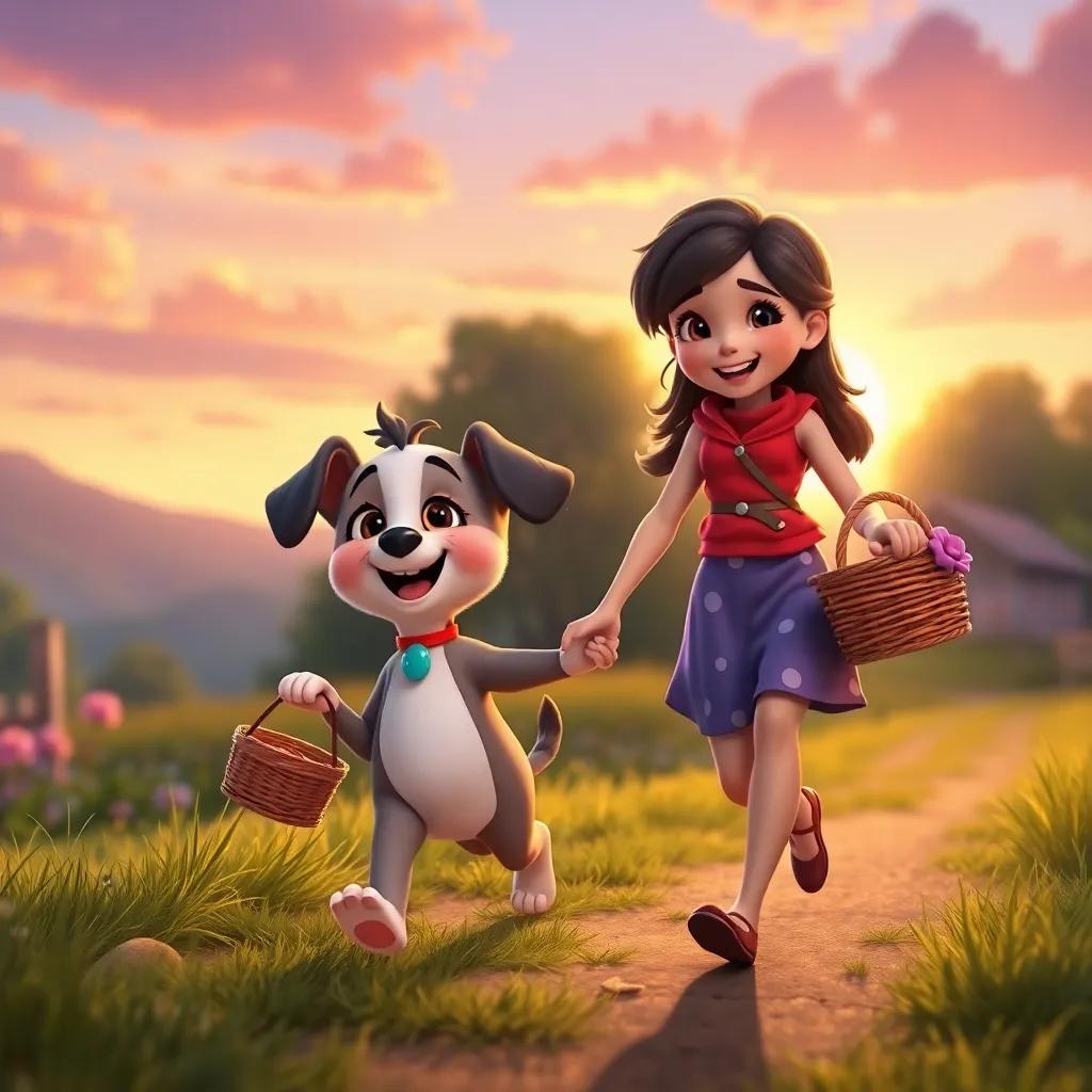 Lila the puppy and her mother walking home hand in paw, with joyful expressions after a day of fun, carrying a picnic basket, beautiful sunset behind them, vibrant colors, emotional scene, digital art, high quality