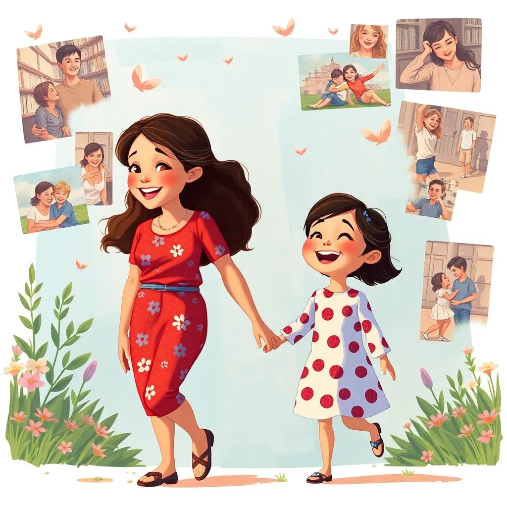 A beautiful illustration of Lila and her mother holding hands, with captured moments of their day behind them, filled with laughter and joy, colorful collage, artistic design, digital art, high quality