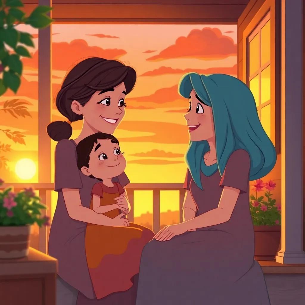 A heartfelt moment of Lila and her mother sitting on their porch at sunset, reflecting on their day with smiles, warm colors, peaceful atmosphere, illustrated scene, digital art, high quality