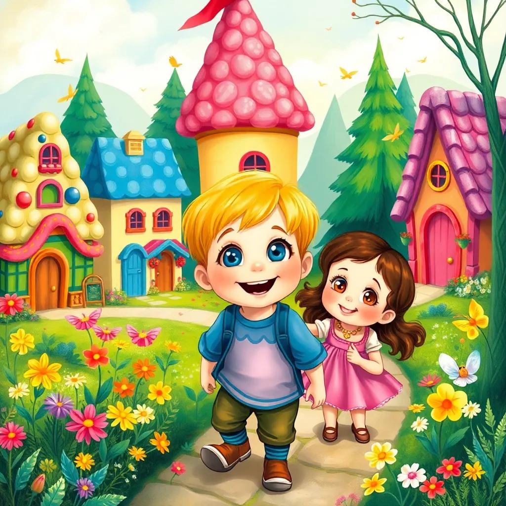 Cal, a joyful 2.5-year-old boy with bright blue eyes, exploring a magical town with candy houses and rainbow popcorn trees, with his sister Little Win giggling nearby, amid vibrant flowers, tall trees, and friendly fairies dancing around, colorful illustration, whimsical, joyful scene, child-safe
