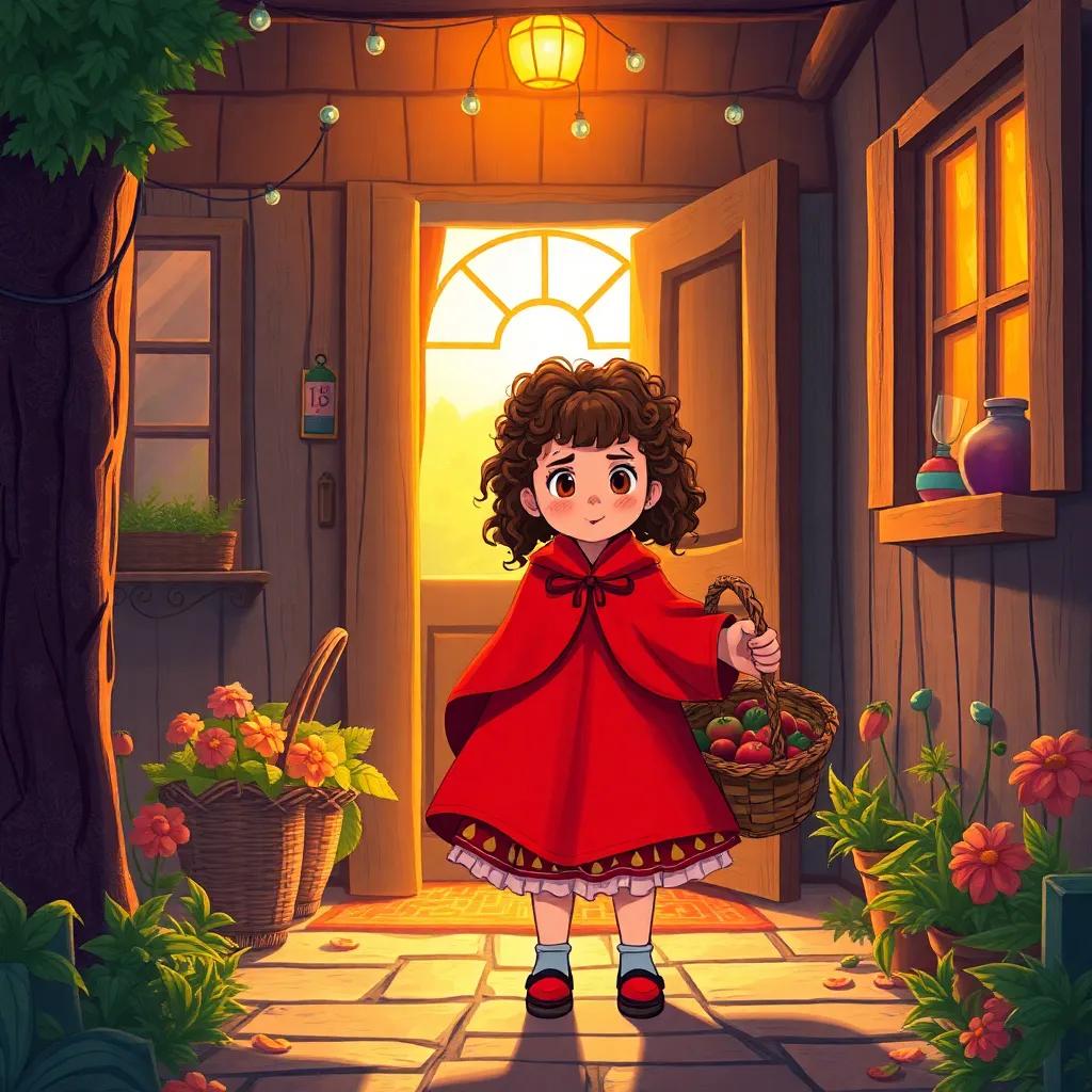 Caperucita Roja, a young girl with curly brown hair, in her red cape, entering her grandmother's cozy house with a big basket, warm light filtering through the windows, inviting scene, detailed art, vibrant colors, storytelling view, high quality