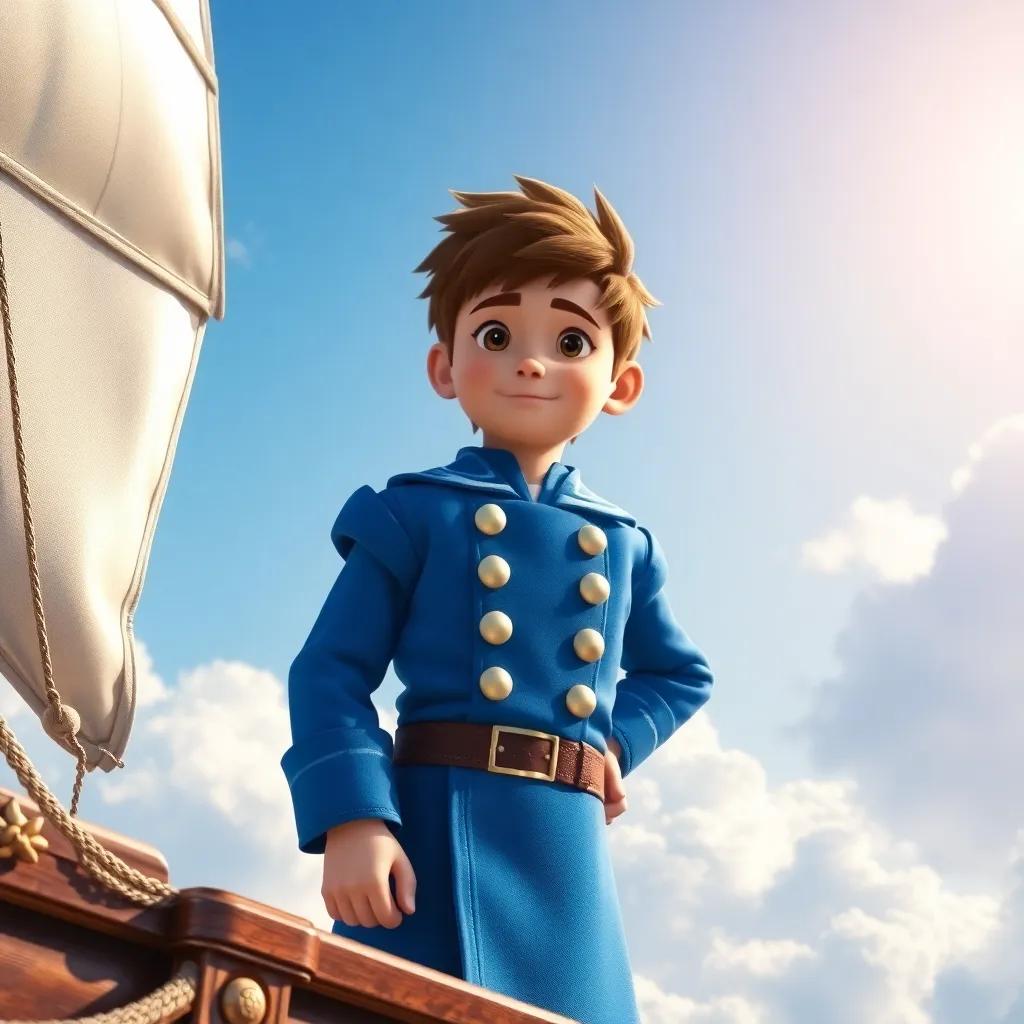 A young captain named Leo, with short brown hair, wearing a bright blue captain's outfit, standing proudly on his skyship with shiny silver sails, sunny sky and fluffy clouds, digital art, vibrant colors, adventurous mood, high quality