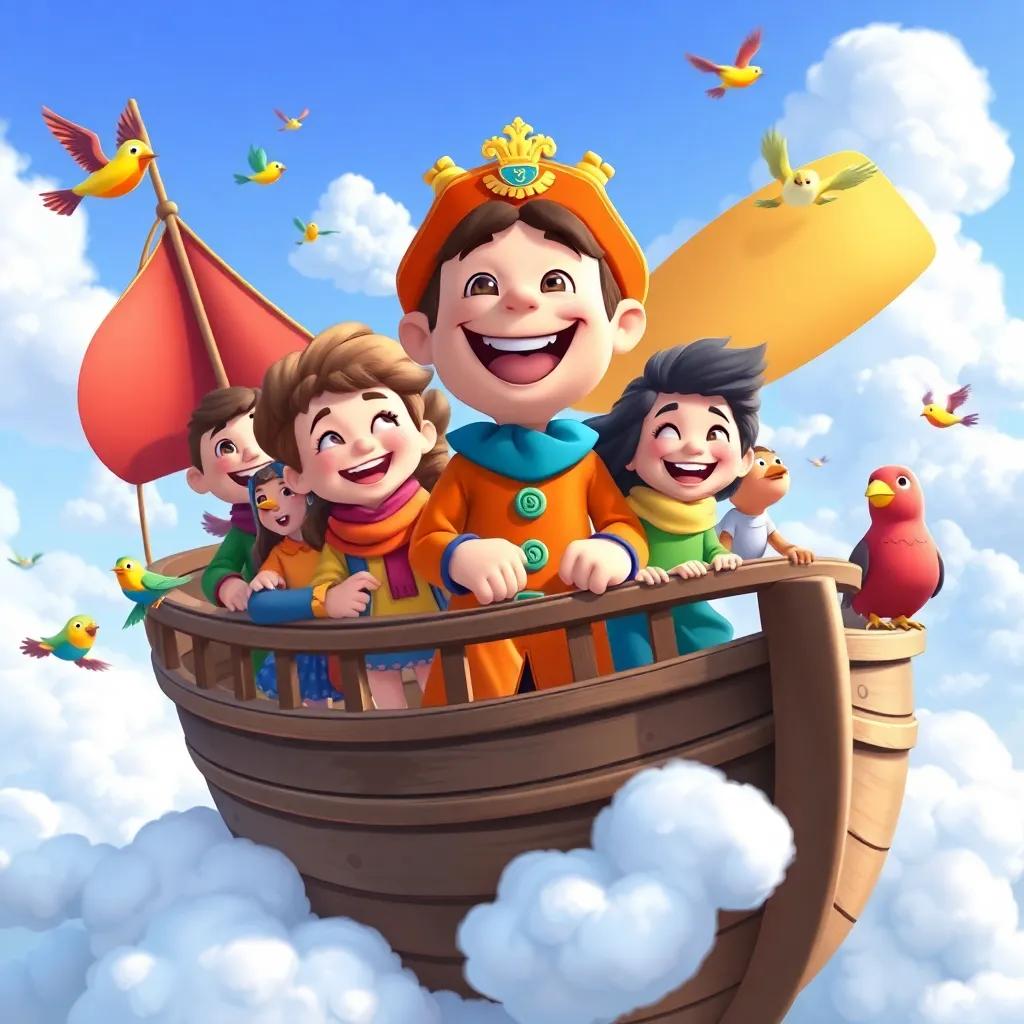 Captain Leo with his cheerful crew, all wearing colorful clothes, laughing together on the skyship, surrounded by fluffy clouds and colorful birds, illustration, cheerful, friendly atmosphere, high quality