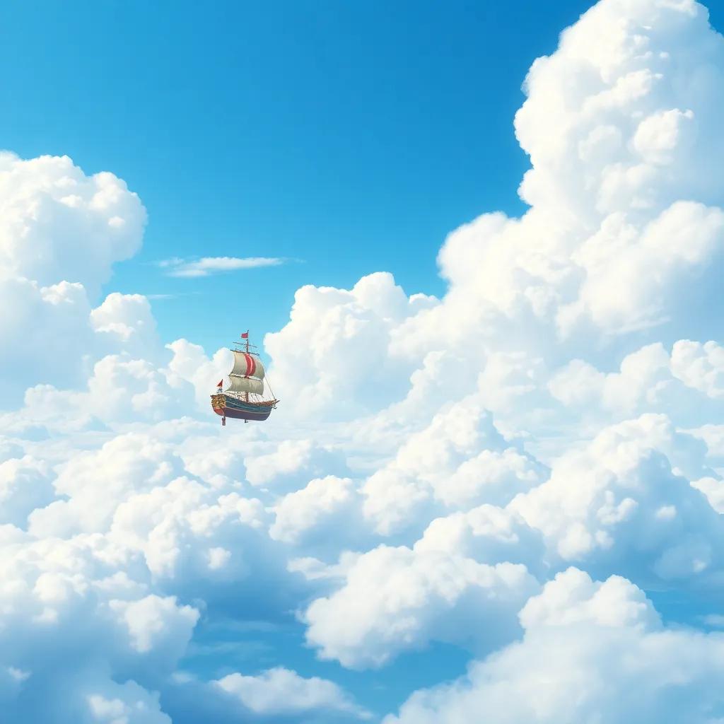The Great Cloud Sea stretching endlessly with soft clouds and bright blue sky; the skyship sails confidently through the air, detailed digital painting, bright colors, whimsical, high quality