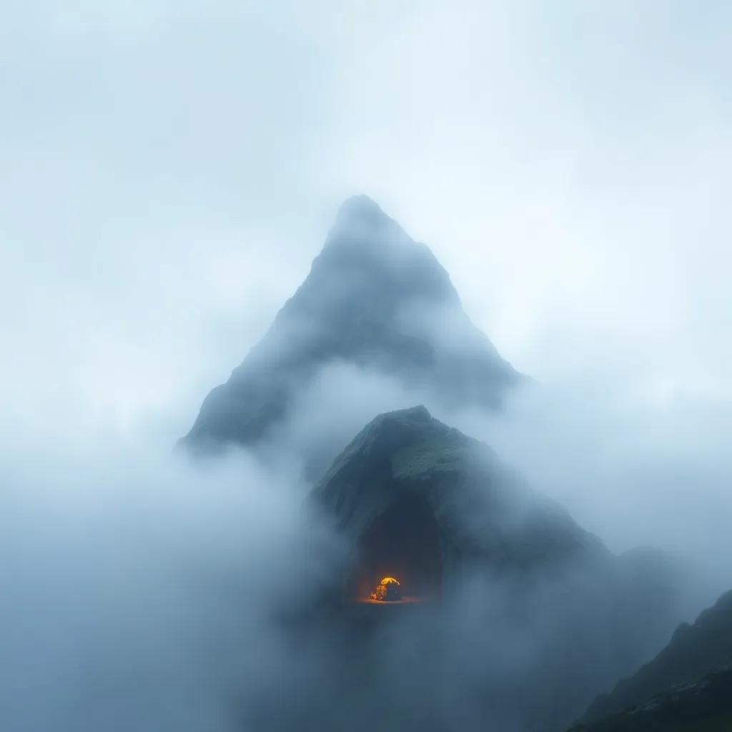 Misty Mountain peeking through thick fog; the mountain appearing spooky but beautiful, with hints of treasure in the cave, digital art, mysterious atmosphere, high quality