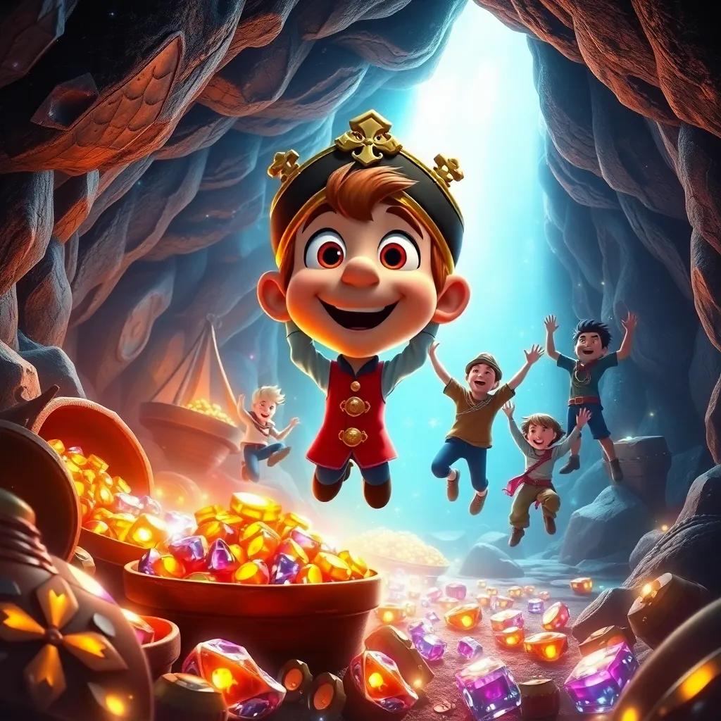 An echoing cave filled with glittering jewels and shiny treasures; Captain Leo with wide eyes; the crew jumping with joy, colorful light reflecting off treasures, digital art, magical atmosphere, high quality