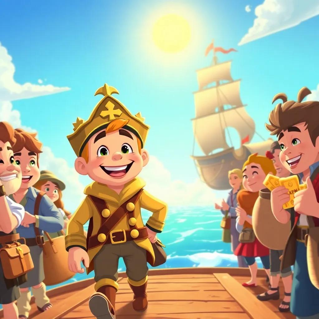 Captain Leo smiling, leading his crew towards the skyship with bags full of treasures, bright sun shining down on them, cheerful expressions, illustration, joyful mood, high quality