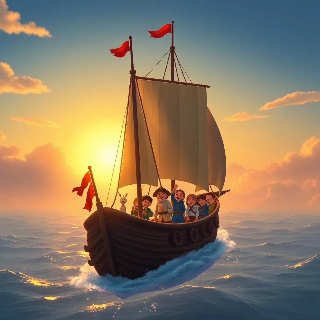 The skyship flying back home with treasures, the sun setting in the background, Captain Leo and his crew singing happily, golden light surrounding them, digital painting, heartwarming, high quality