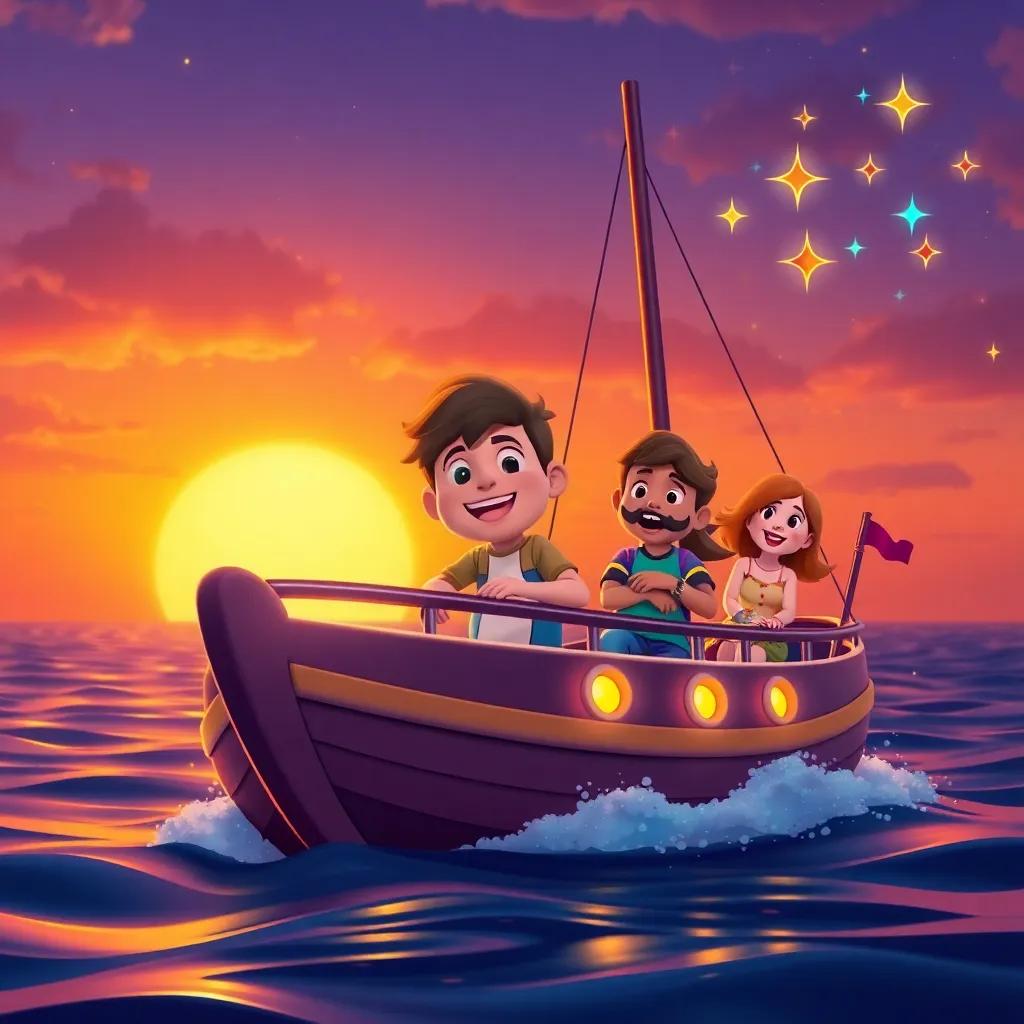 Leo and his crew sailing home, the sky turning orange and purple with sunset, smiles all around; colorful stars starting to twinkle in the sky, joyful mood, vibrant colors, high quality