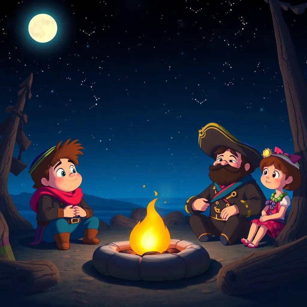 A peaceful scene of Captain Leo and his crew under the stars, sharing dreams of new adventures, cozy campfire glow, bright moonlight, whimsical atmosphere, digital art, dreamy, high quality