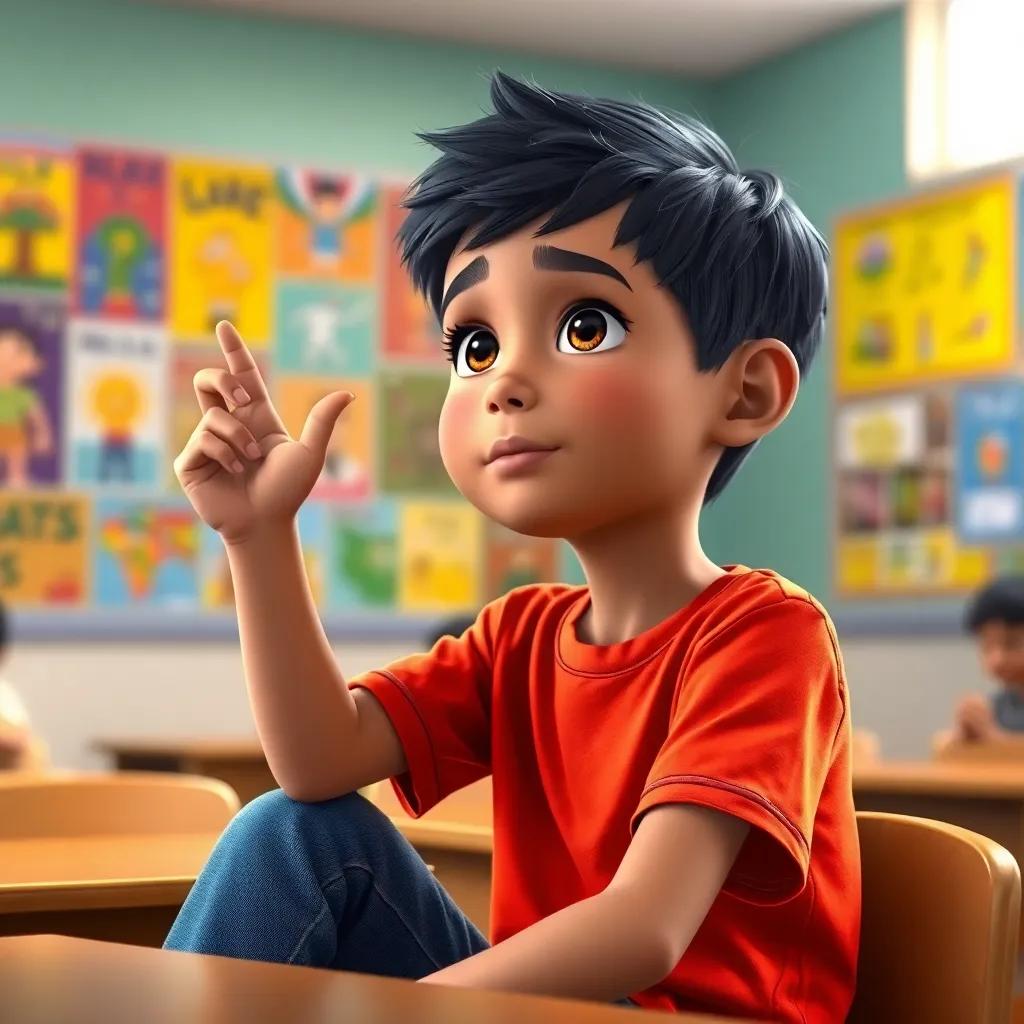 Carlos Eduardo, a young Brazilian boy with short black hair, wearing a bright t-shirt and jeans, sitting in a school classroom filled with colorful posters, looking determined while raising his hand to answer a question, digital art, vibrant colors, warm light, focusing atmosphere, high quality