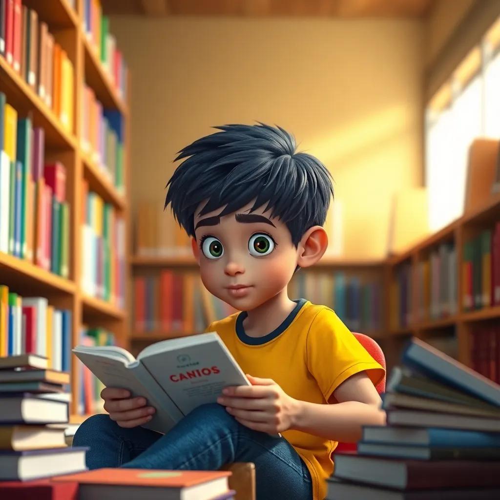 Carlos Eduardo, a young Brazilian boy with short black hair, wearing a bright t-shirt and jeans, sitting in a library with books around him, reading intently with a curious expression, surrounded by colorful bookshelves, bright and cozy light, imaginative setting, high quality
