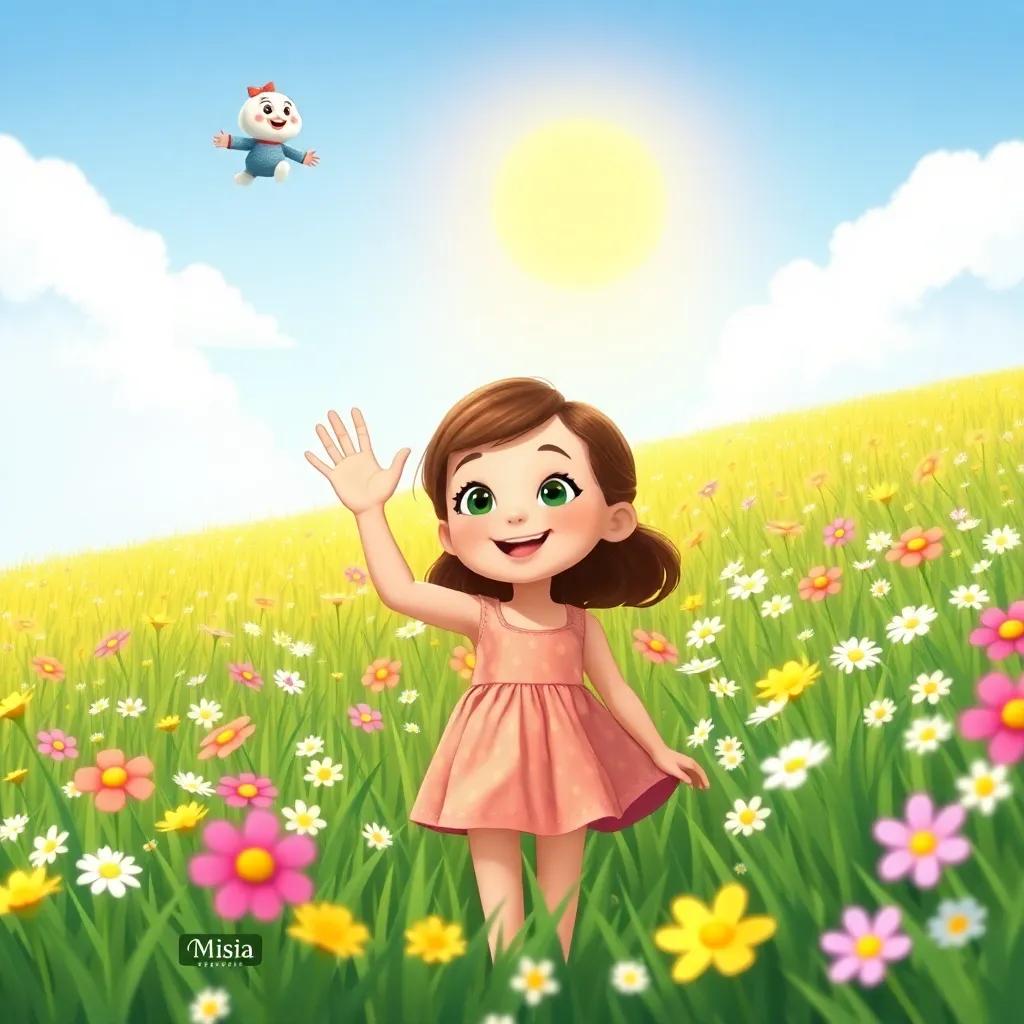 A little girl named Mia in a sunny meadow, waving at Cassie in the sky, flowers blooming all around her, wearing a summer dress, smiling face, sun shining down, illustration, vibrant colors, joyful scene, playful quality