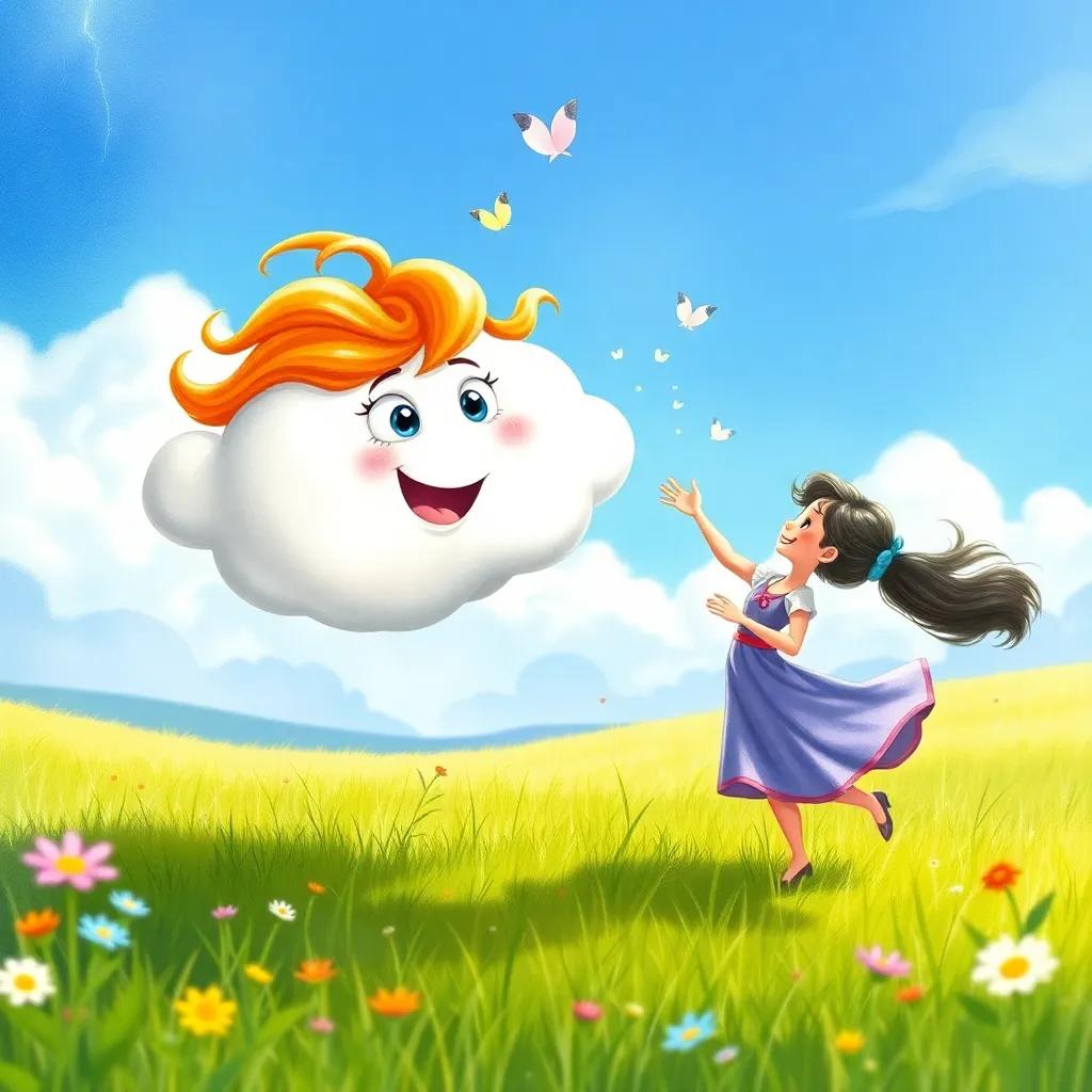 Cassie the cloud playfully interacting with Mia, swirling in the breeze and dancing joyfully, meadow backdrop, fun and friendly atmosphere, watercolor style, bright and inviting colors, detail-rich