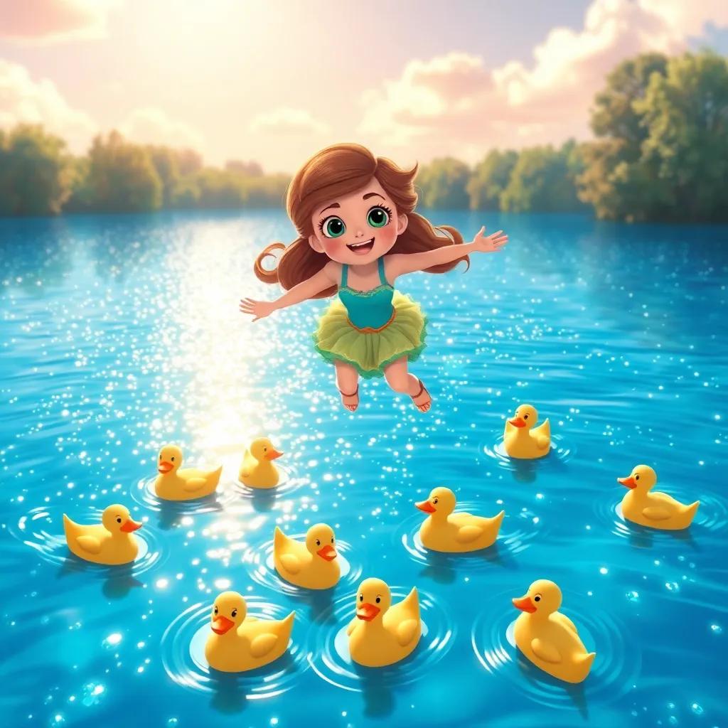 Cassie floating above a sparkling blue lake, where a family of ducks swim happily, the sun reflecting on the water, colorful and lively scene, digital painting, cheerful and warm, playful details