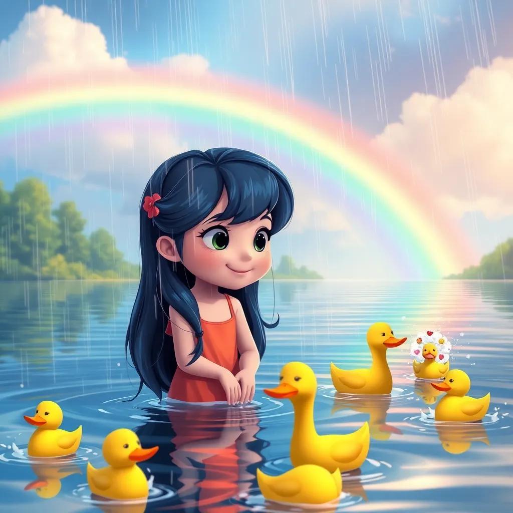 Cassie raining gently on the lake, while the ducks splash around joyfully, a rainbow forming in the background, emphasizing joy and kindness, detailed, colorful digital art