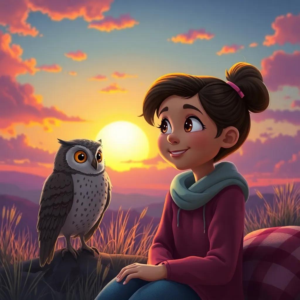 Cassie listening to the owl, with the sun setting in the background, creating a colorful sky filled with hues of orange and purple, cozy atmosphere, friendly vibe, digital painting