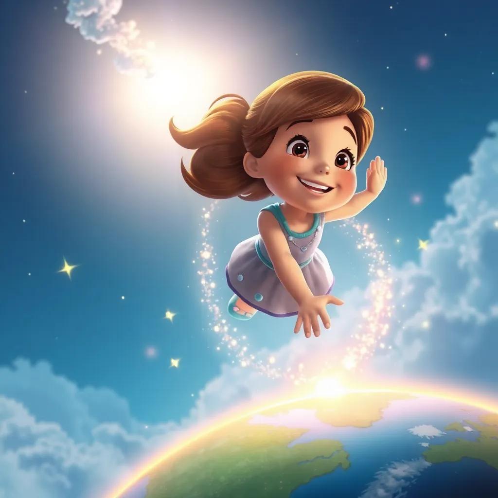 Cassie flying back toward her home in the sky, with sparkles and trails of light following her, looking down at the earth with a smile, peaceful and joyful, artistic rendering, bright and uplifting